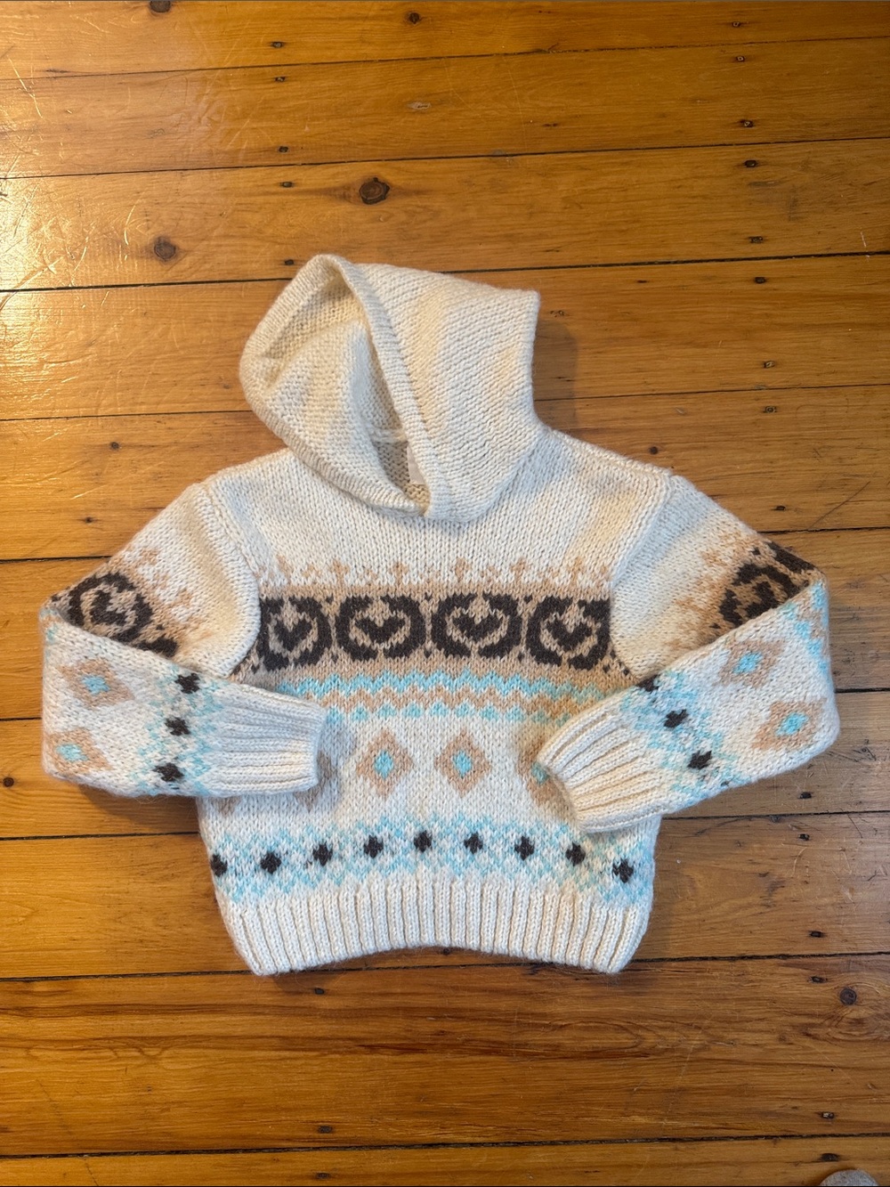 Zara Girls’ Fair Isle Hooded Sweater with Brown and Light Blue Accents